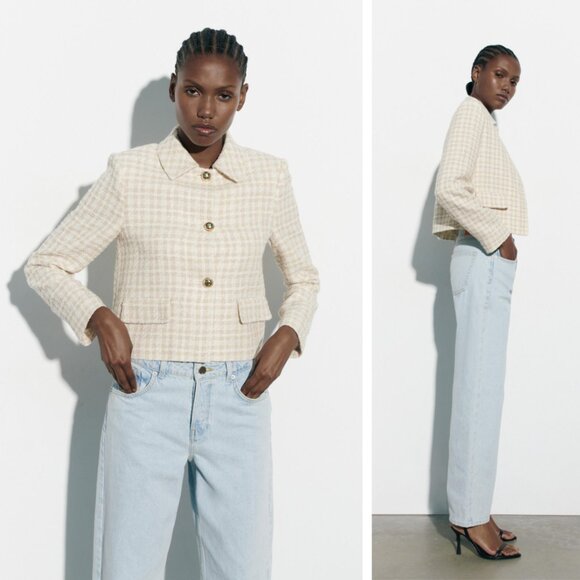 NEW Zara Cropped Tweed Blazer Jacket White Cream Boucle Preppy Academia Trendy - Picture 1 of 9